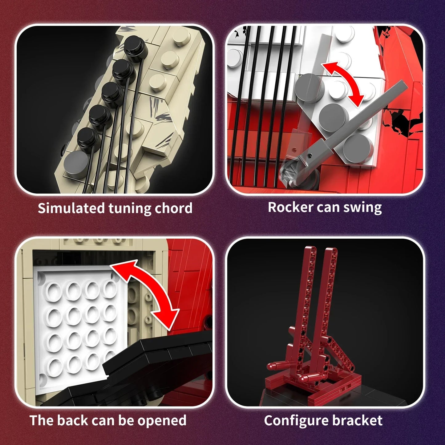 Red and beige plastic lego-style artist guitar app model with movable parts featuring bluetooth audio usb music playback adult use