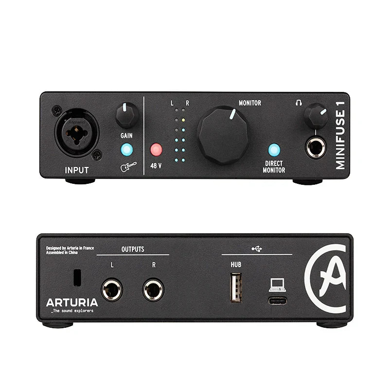 Black Arturia MiniFuse 1 midi recording interface with matte finish, knobs, LED indicators, USB-C and Thunderbolt ports rear view