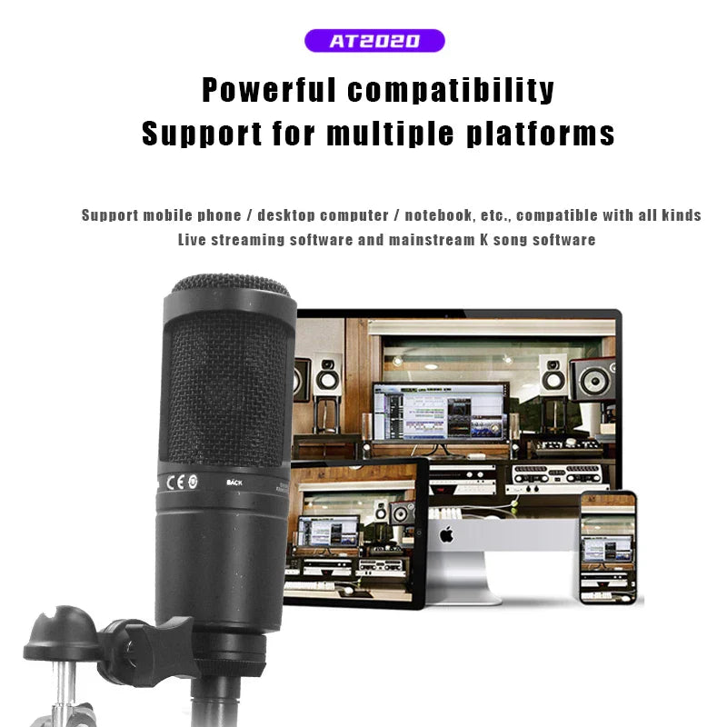 Black at2020 studio condenser microphone with mesh grille and stand mount for recording podcast live stream karaoke