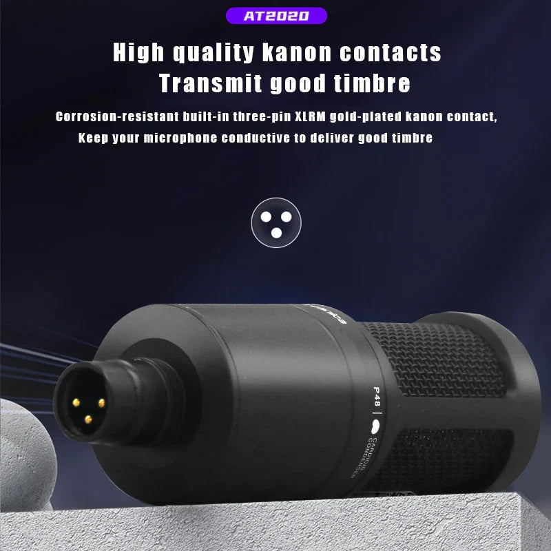 Black at2020 wired xlr condenser microphone with textured grip and gold-plated connector for home recording studio use