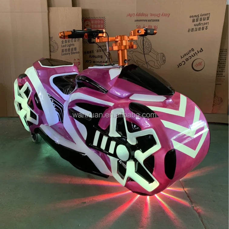 A vibrant pink and white attractive musical battery ride-on motorcycle with beautiful light for beat music store malls