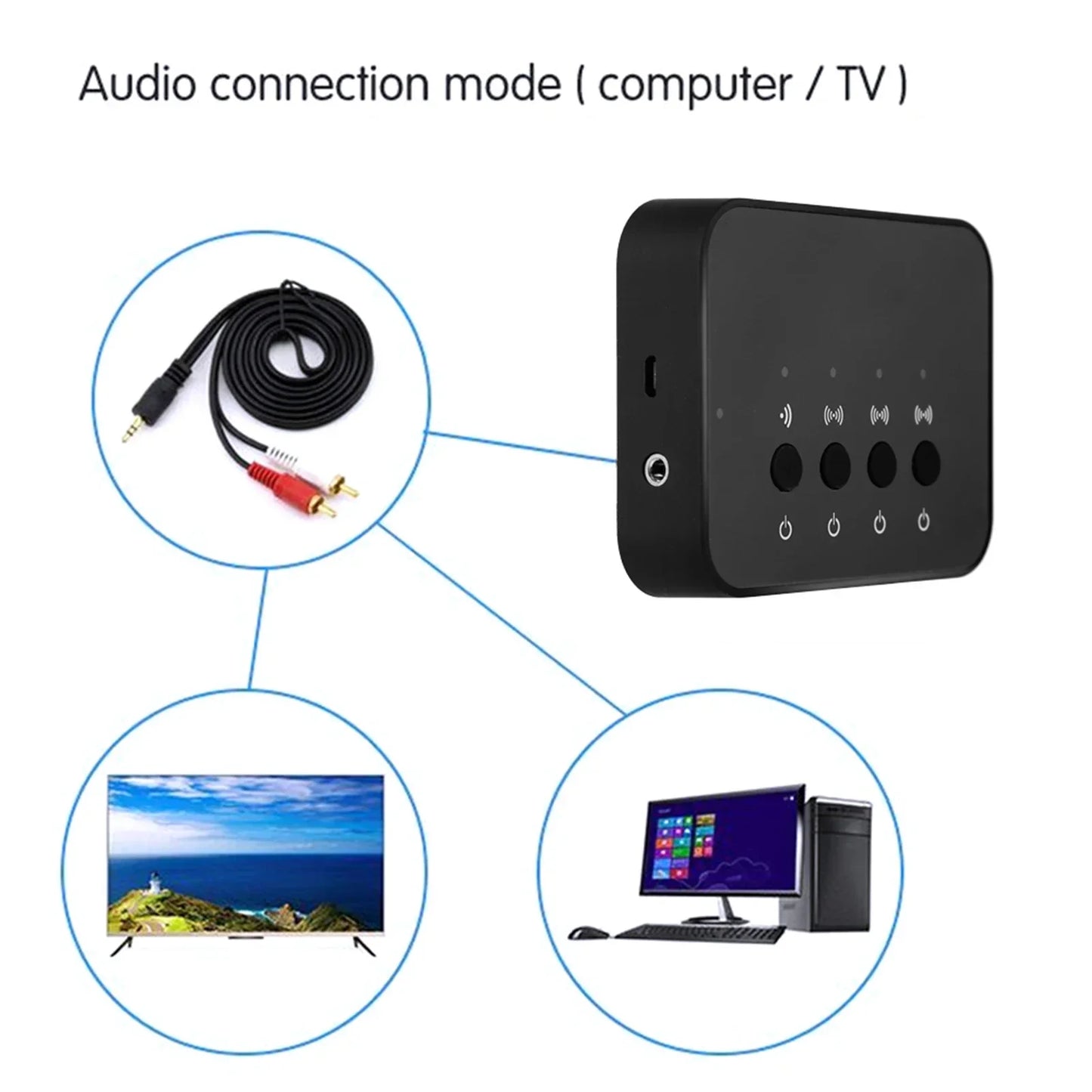 Black rectangular audio adapter music splitter with multiple ports and indicator lights for wireless stereo bluetooth use