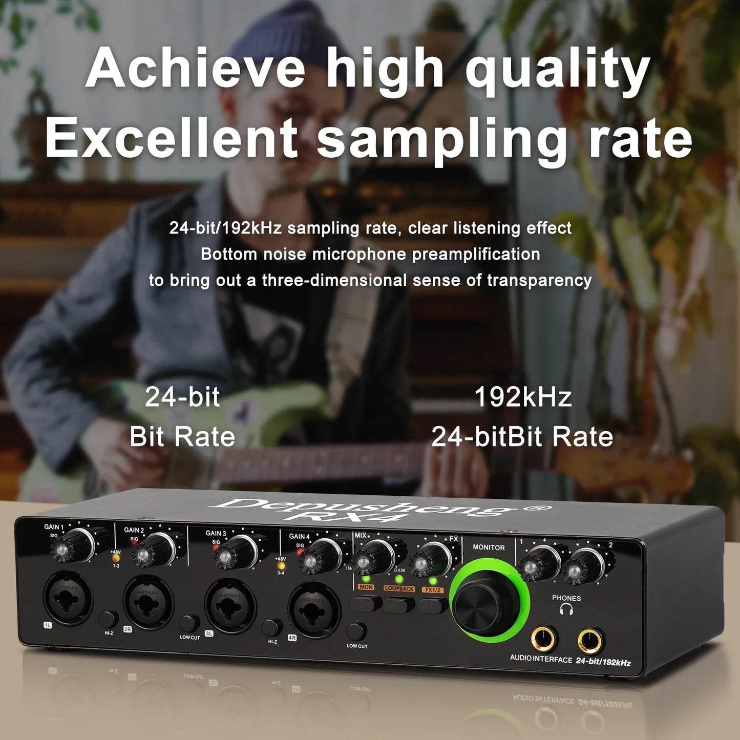 Black denon depusheng rx4 sound card ad converter with green monitor knob and multiple ports for live recording