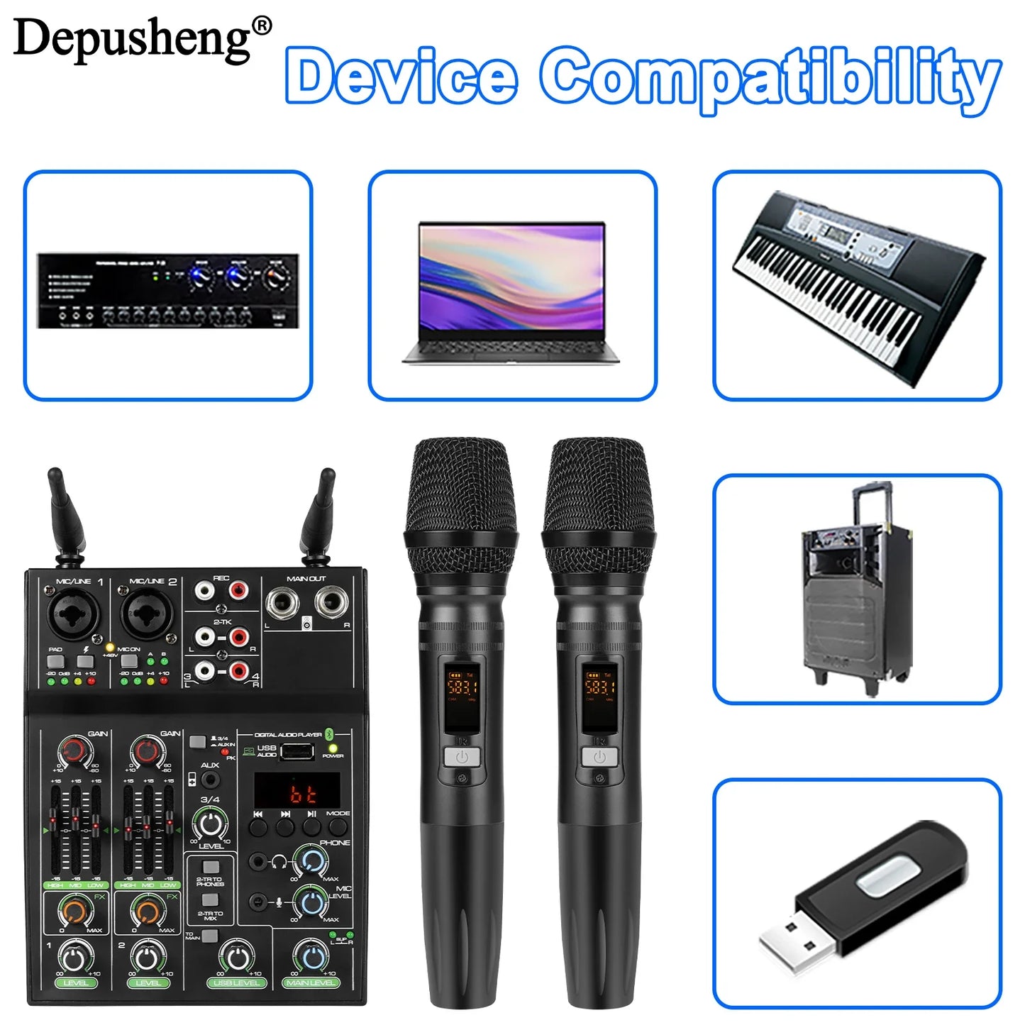 Black wireless microphone system with digital board console and two handheld mics for karaoke stage audio mixer use