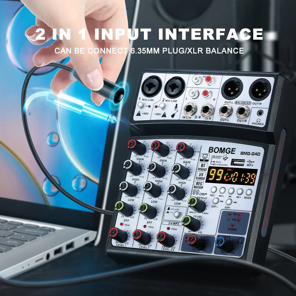 Black and silver bomge bmg-04d 2-in-1 audio interface with 48v phantom power knobs input output ports and digital display