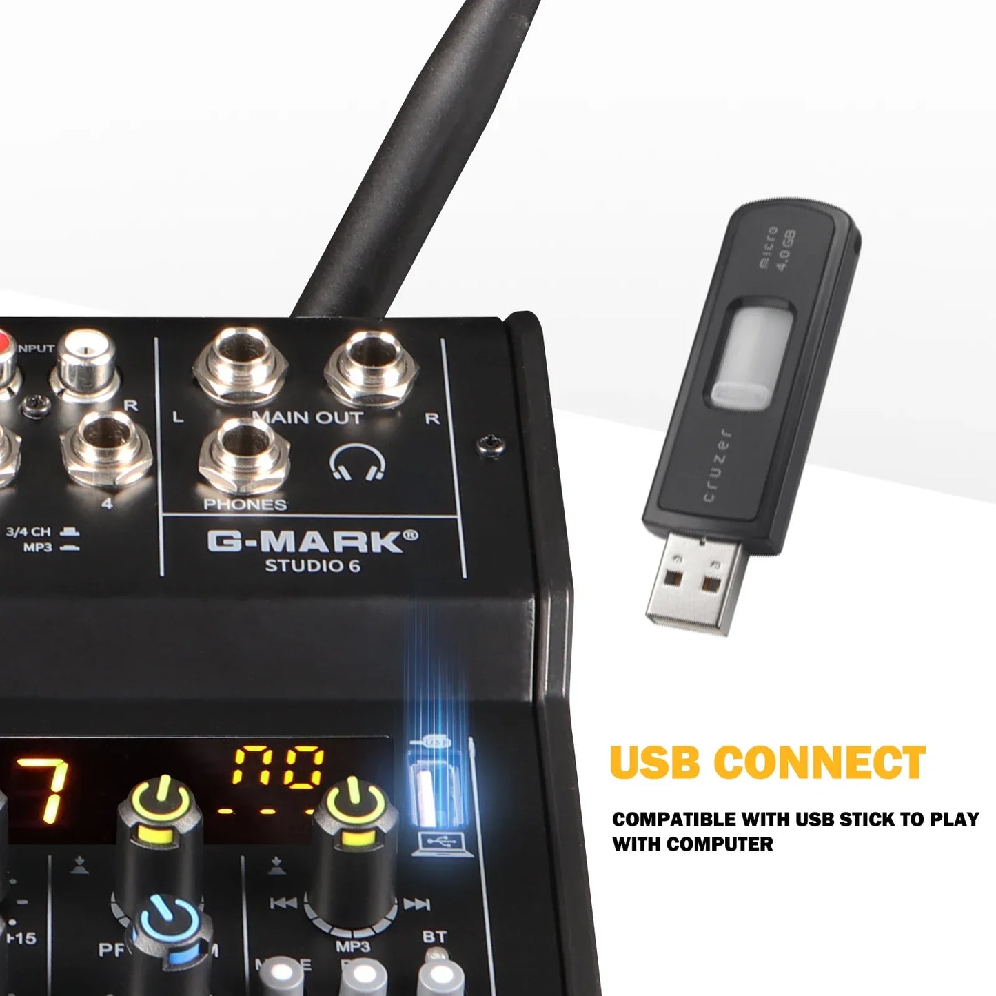 Black g-mark studio 6 audio mixer built-in mic with silver knobs and wireless microphone usb for pc and events