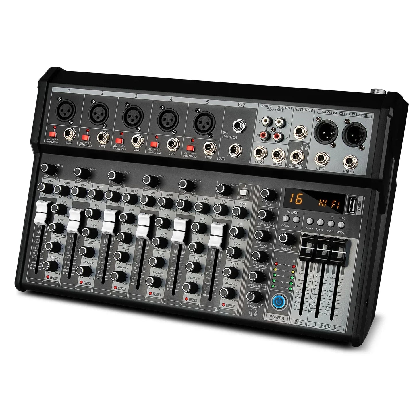 Black and silver 8-channel audio mixing console with knobs sliders digital display for streaming dj audio and live sound mixing