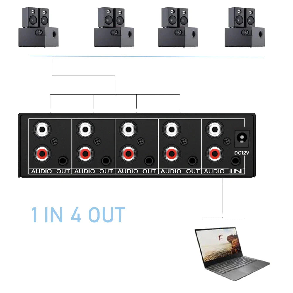Black 1 in 4 out stereo audio splitter with red and white rca jacks for dvd speaker analog pc and dvd use
