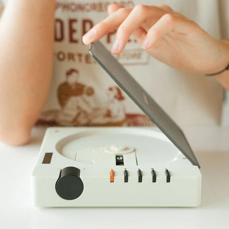 White rectangular vintage-style portable cd player with black knob orange button quality wireless bluetooth hifi album player