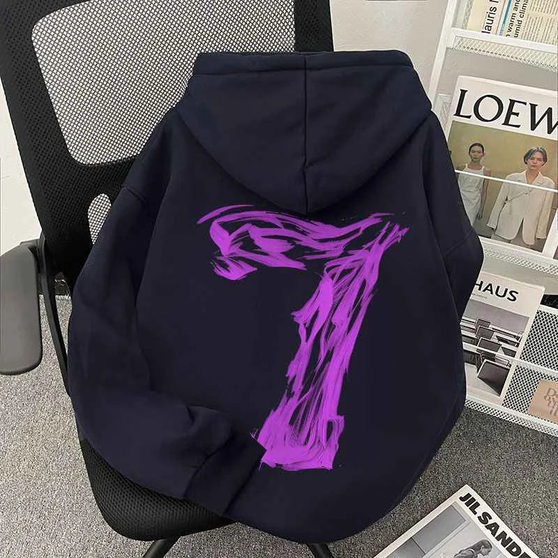 Back of a navy blue fleece oversized sweatshirt y2k with a bold purple abstract graphic in hip hop fashion style