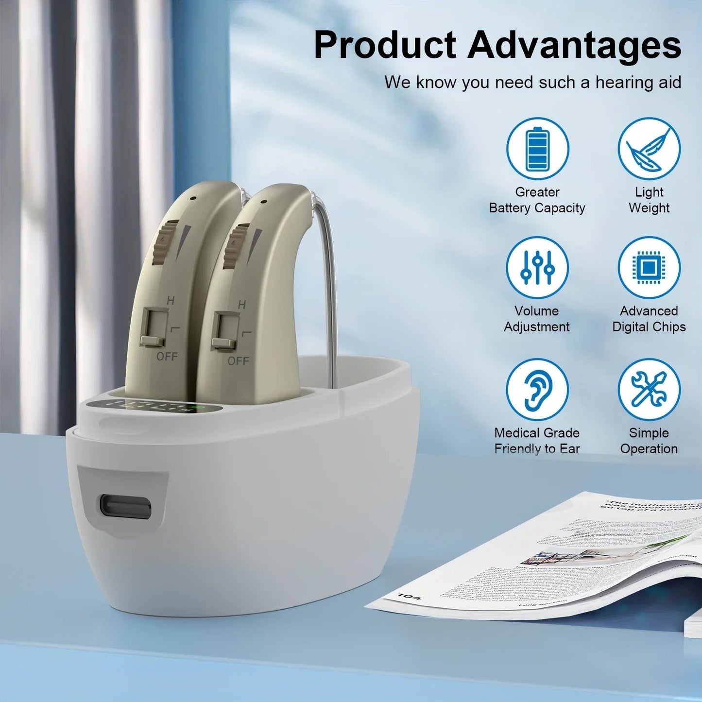 Beige behind-the-ear headphones sound amplifier with silver stems in a white charging case featuring noise reduction adjustable volume