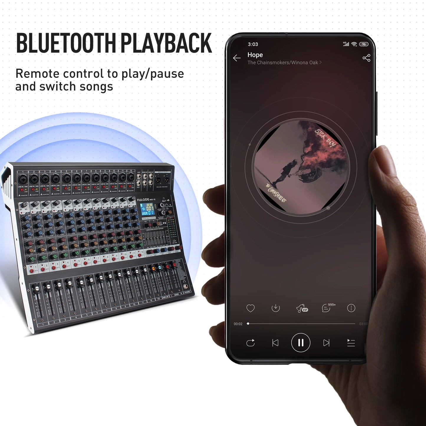 FULUODE 7/8/12/16 channel Bluetooth studio audio mixer with 99-bit DSP digital processor USB MP3 player XLR microphone jack and
