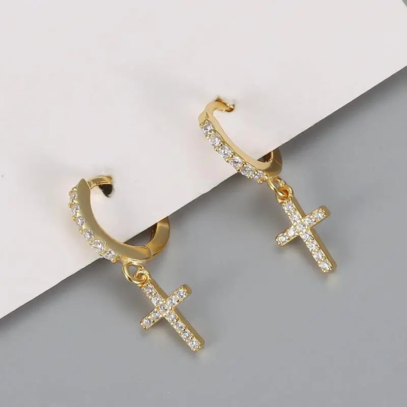 Hiphop Small Cross Pendant Earrings For Women Men Black Gold Silver Color Tiny White Zircon Ear Buckle Hoops Punk Party Jewelry