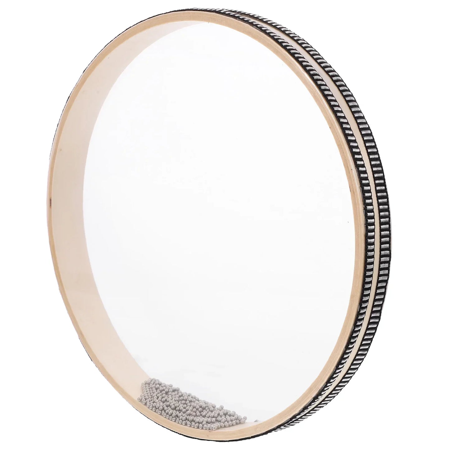 Circular wooden baby montessori ocean bead hand drum with black and white striped edge and metallic beads inside for toys early learning