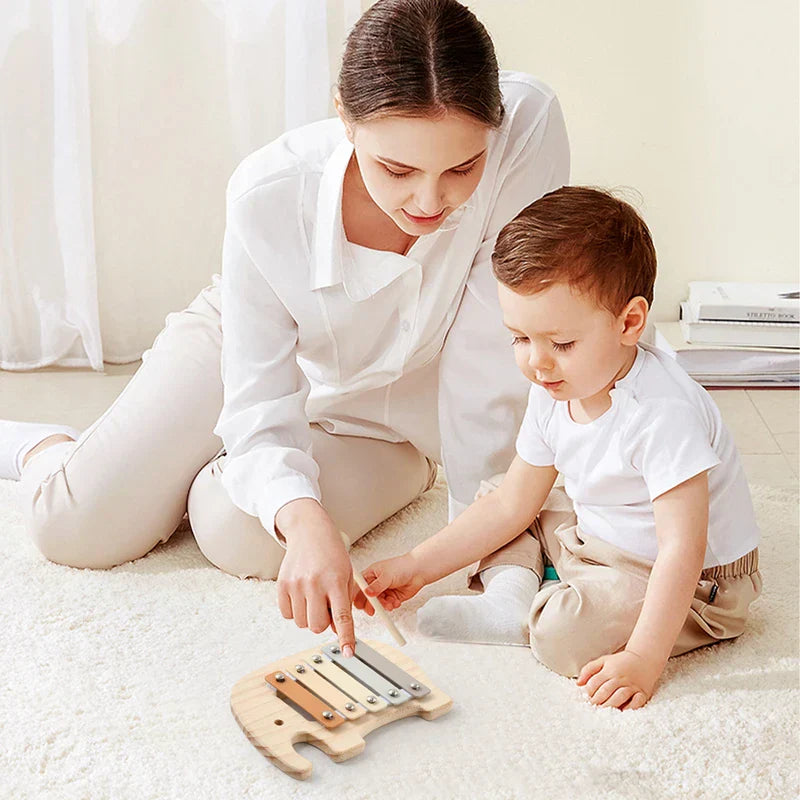 Wooden baby montessori toy cartoon elephant percussion xylophone with five metallic bars for early sensory educational use