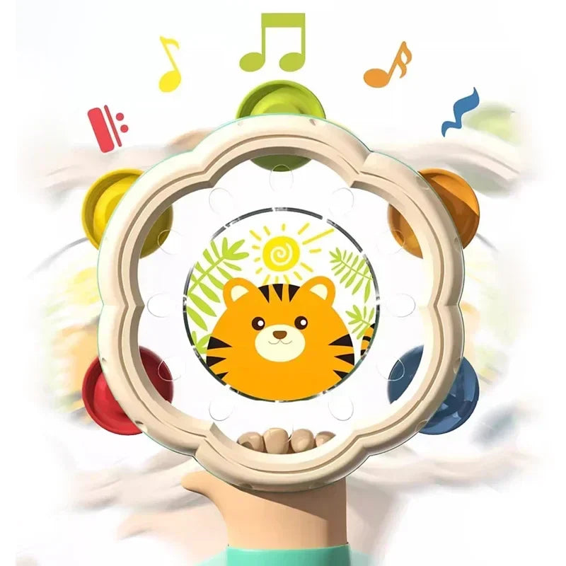 Colorful baby musical instruments tambourine with beige scalloped frame orange tiger and multicolored jingles for hand development interactive play