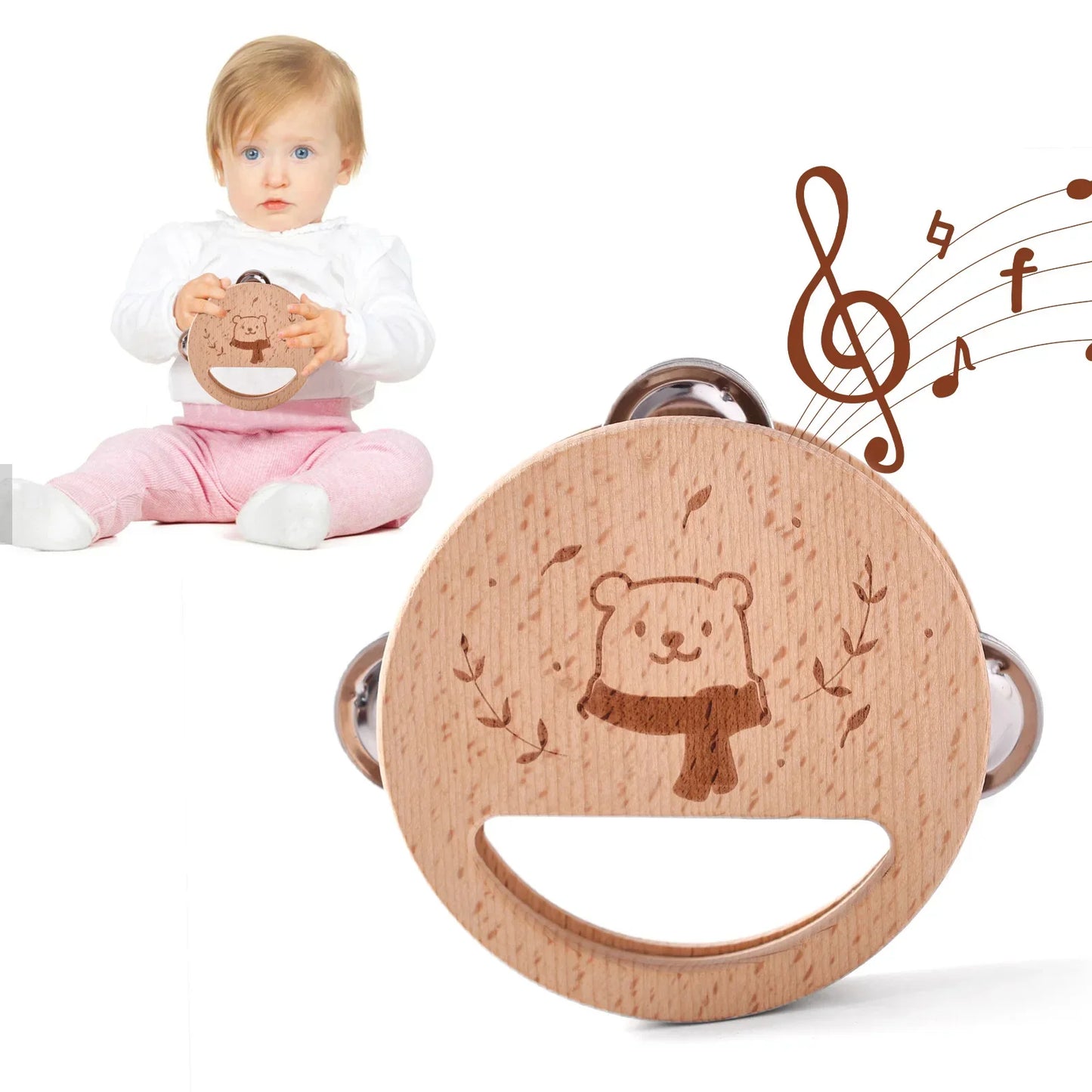 A light brown wooden baby musical toy tambourine with a carved bear rattle design and metal jingles educational instrument playthings