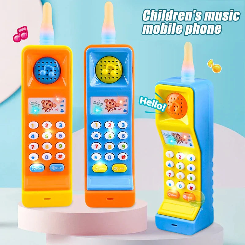 Three brightly colored baby phone toys in orange blue and yellow with musical electronic mobile features for months birthday gifts