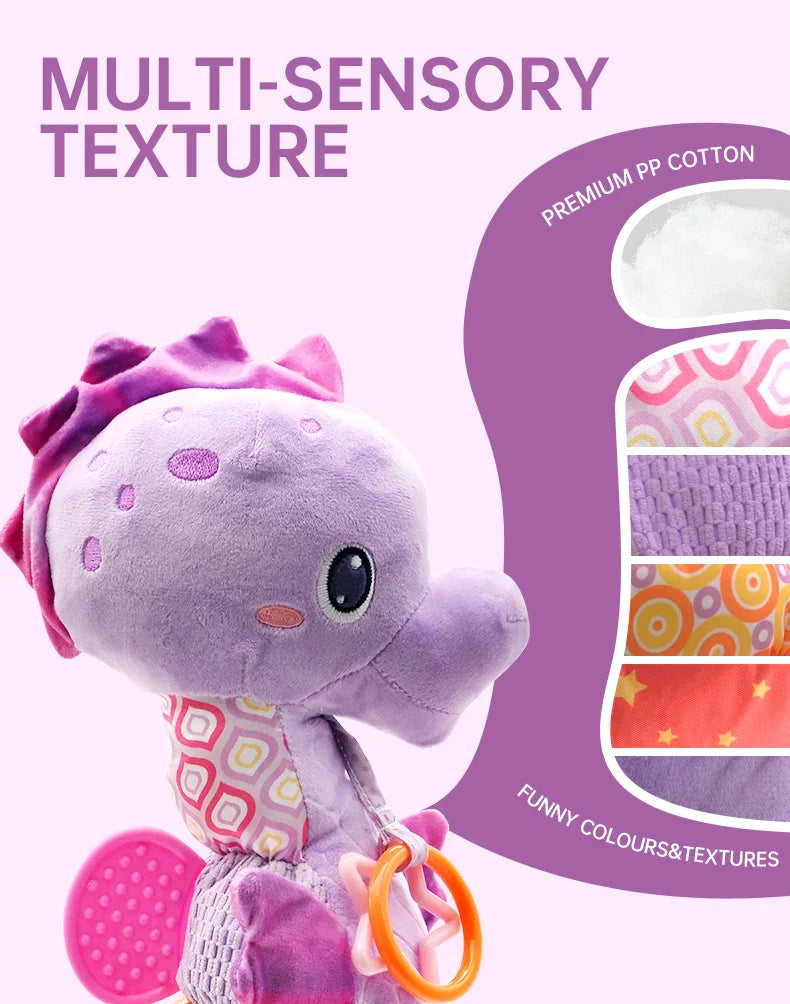 Purple plush seahorse baby rattles toy with textured fabric bright colors crinkle sound for infants 0 to 12 months