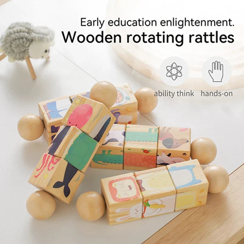 Baby wooden rotating puzzle hand bell toy with colorful animal illustrations and rounded wooden balls for infants