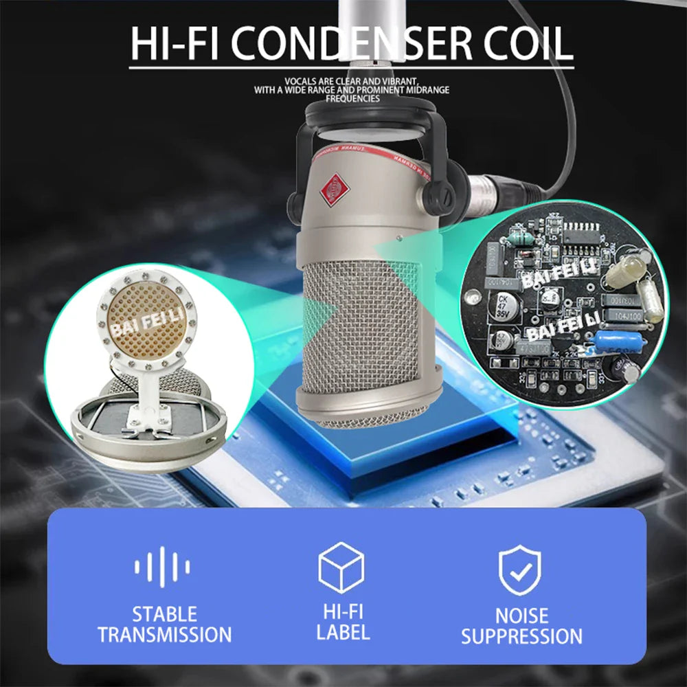 Silver baifeili bcm104 professional studio condenser microphone with mesh grille and premium shock mount for high-fidelity recording