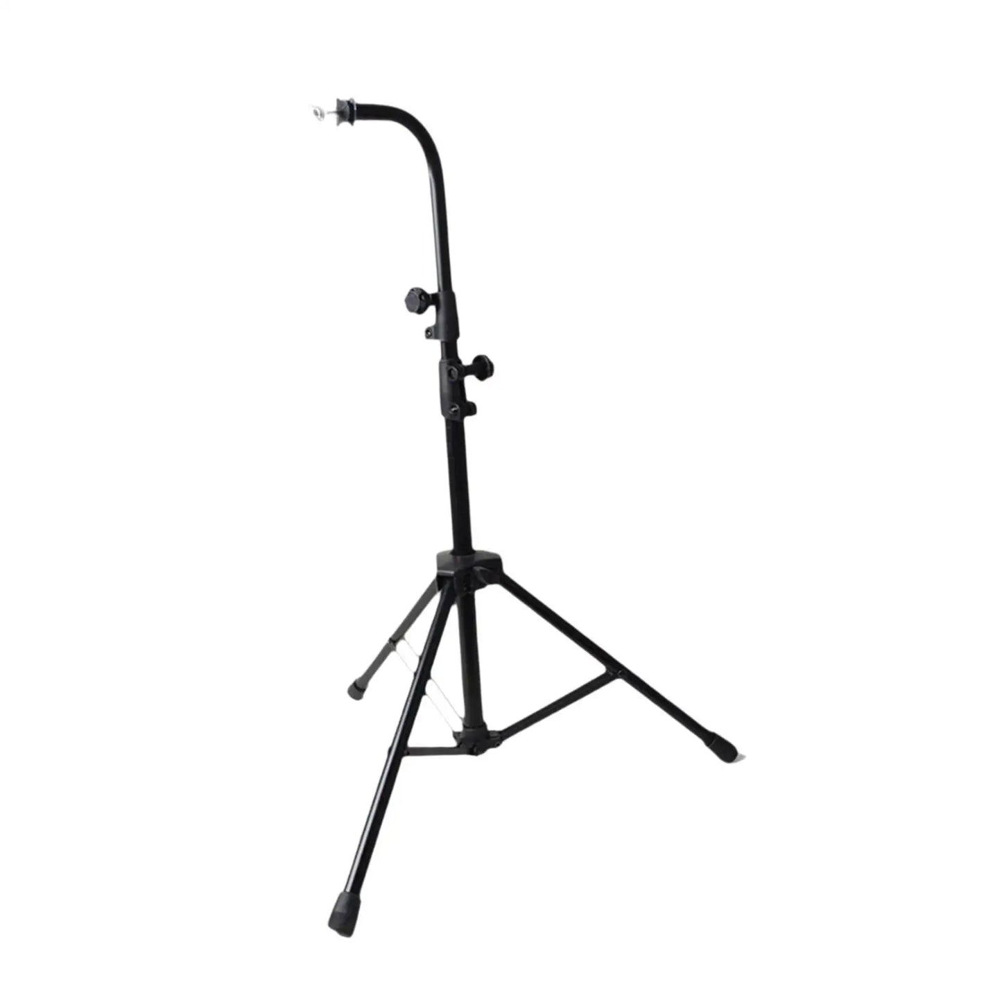 Black metal bar chimes tripod stand with adjustable height and curved arm clip for stable single row percussion instrument