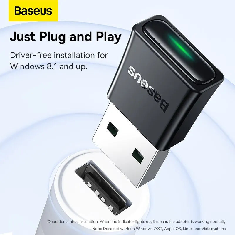 Black Baseus BA07 USB Bluetooth 5.3 dongle adapter with green indicator light for music audio receiver and receiver transmitter Bluetooth