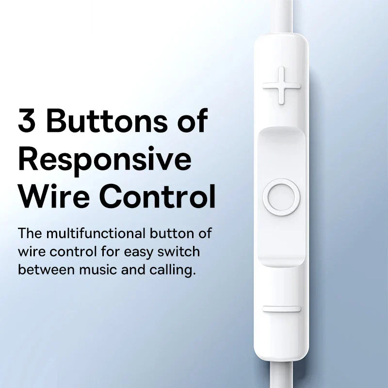 White plastic wire control with three buttons for responsive music and call switching in baseus c17 wired earphone