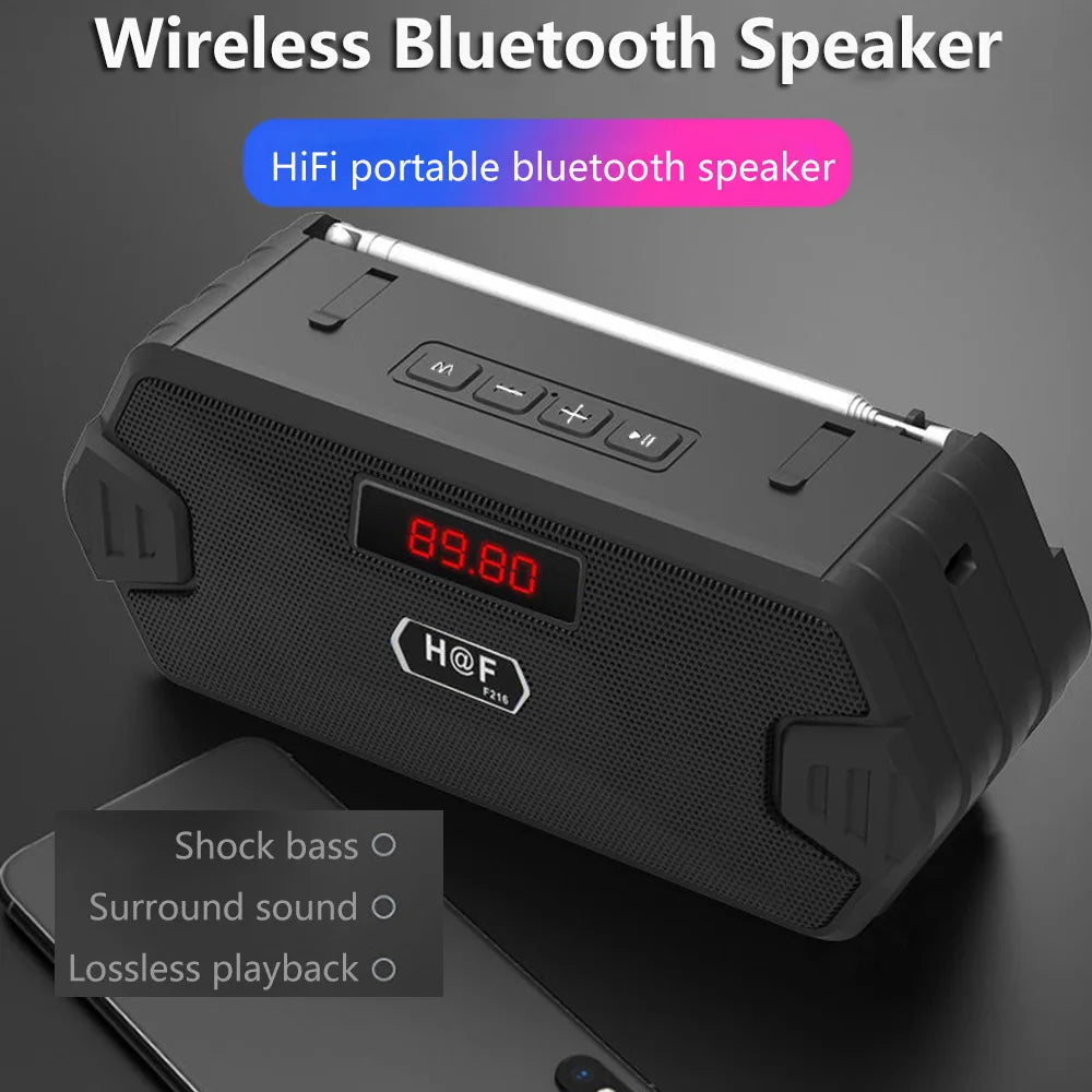 Black hifi outdoor portable bluetooth speaker radio with textured exterior and digital display sound box subwoofer