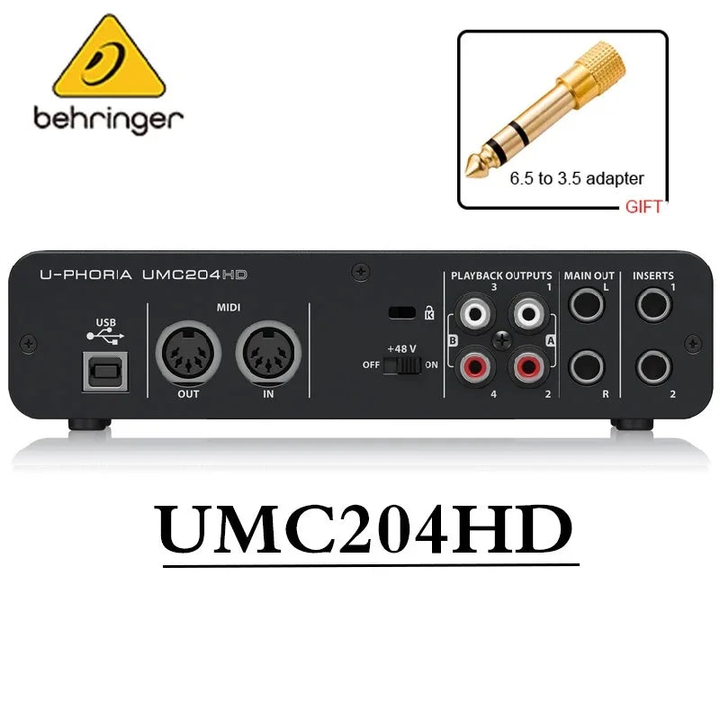 Black behringer umc204hd audio interface recording device with multiple input output ports and gold 6.5 to 3.5mm adapter gift