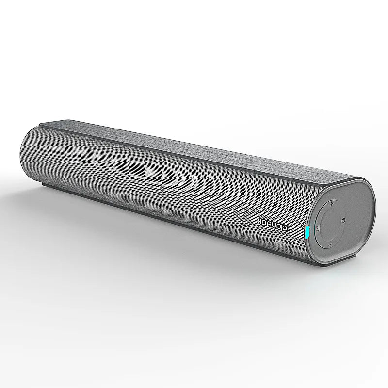 Gray fabric-wrapped bestisan home theater tv soundbar with sleek cylindrical design and subtle teal accent lighting soundbar 3d surround