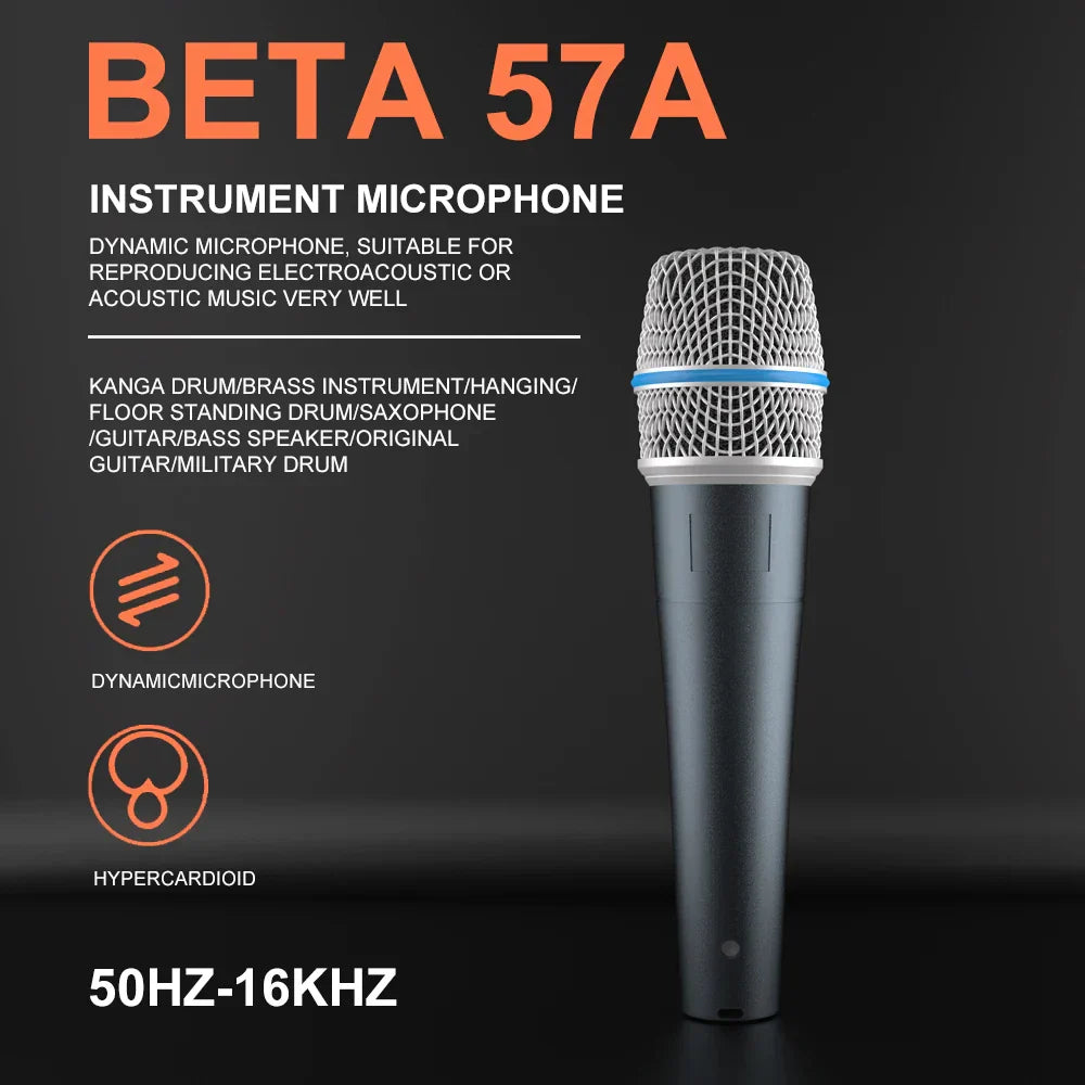 Black beta 57a kick drum microphone with silver steel mesh grille and blue accent band super cardioid dynamic mic