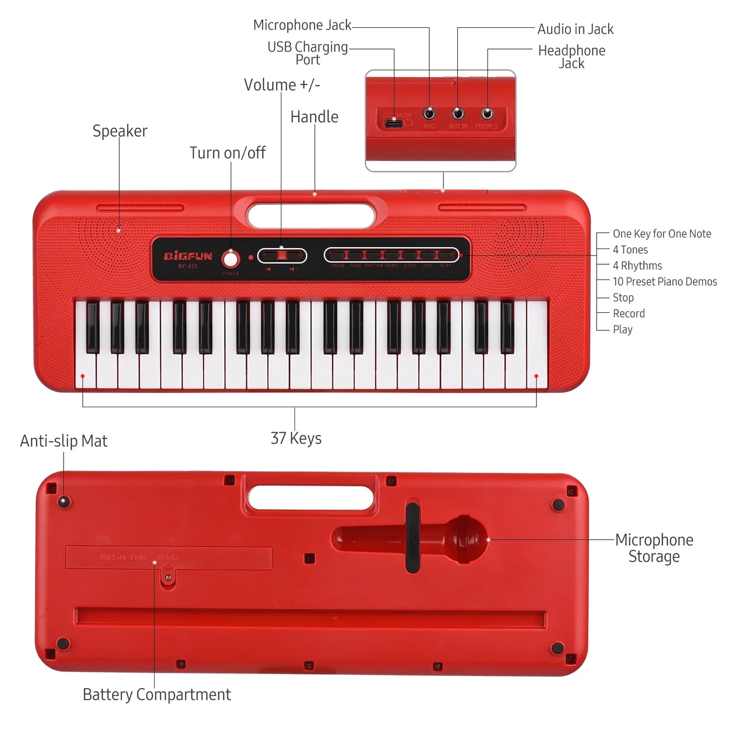 Red bigfun bf-422 children electronic piano with 37 keys mini microphone preset and demos supports recording features