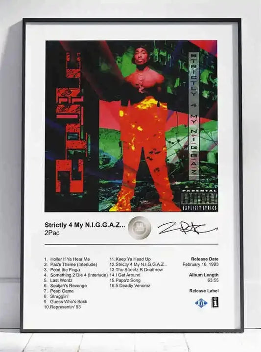 Black framed poster of 2pac strictly 4 my n i g g a z album cover with vibrant red green yellow on distressed background for home decor shipped in business days