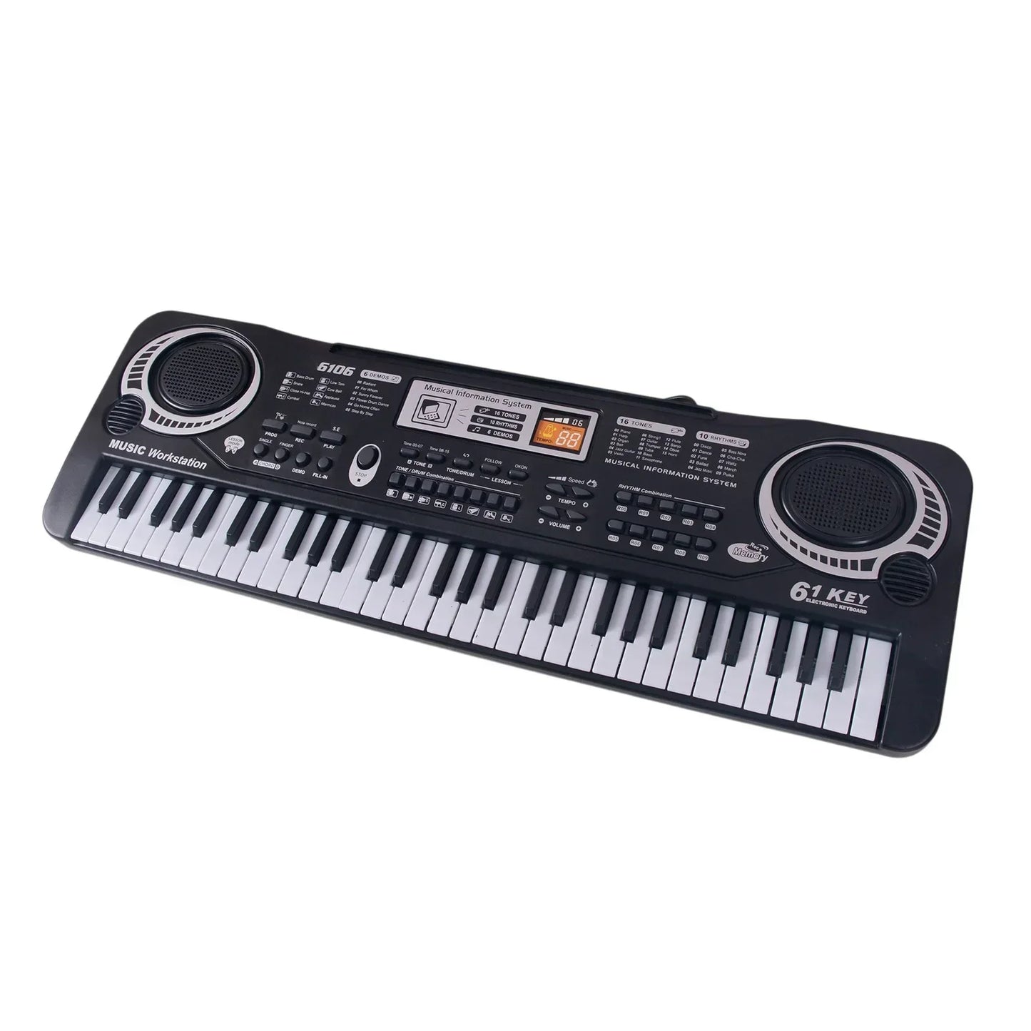 Black electronic keyboard 61 keys with silver speaker grilles and digital display panel for kids musical instrument use