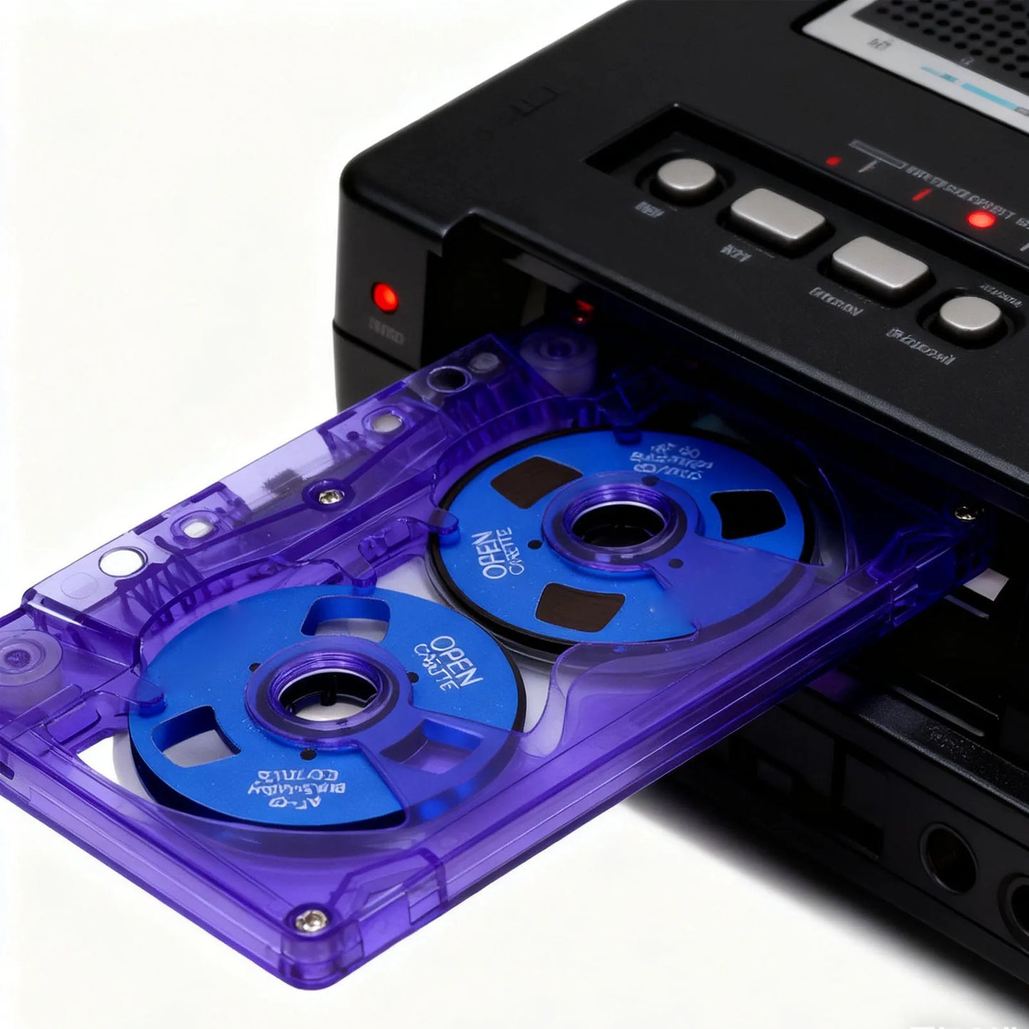 Purple transparent blank cassette tape with double sided metal reel in a black portable cassette player for recording