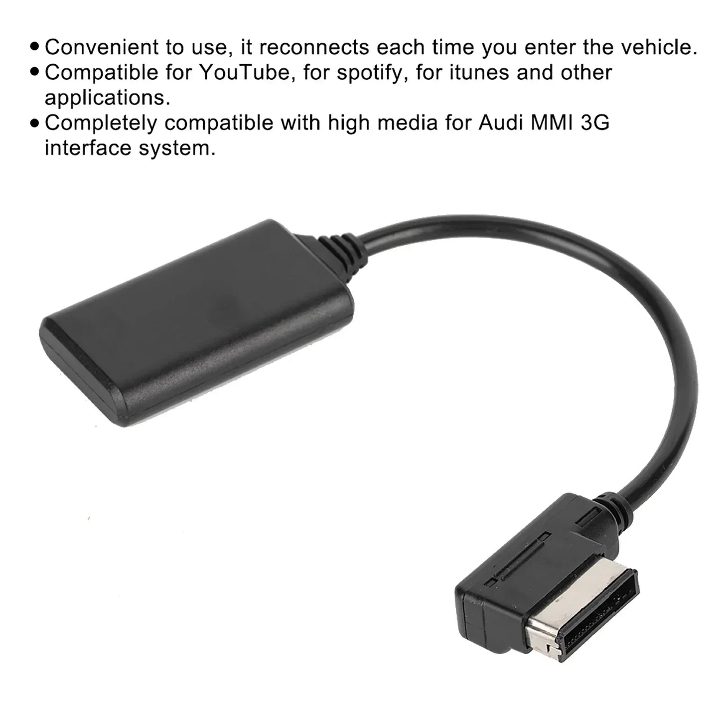 Black plastic adapter audio cable with rectangular connector and angled jack for ami interface music adapter after 2010