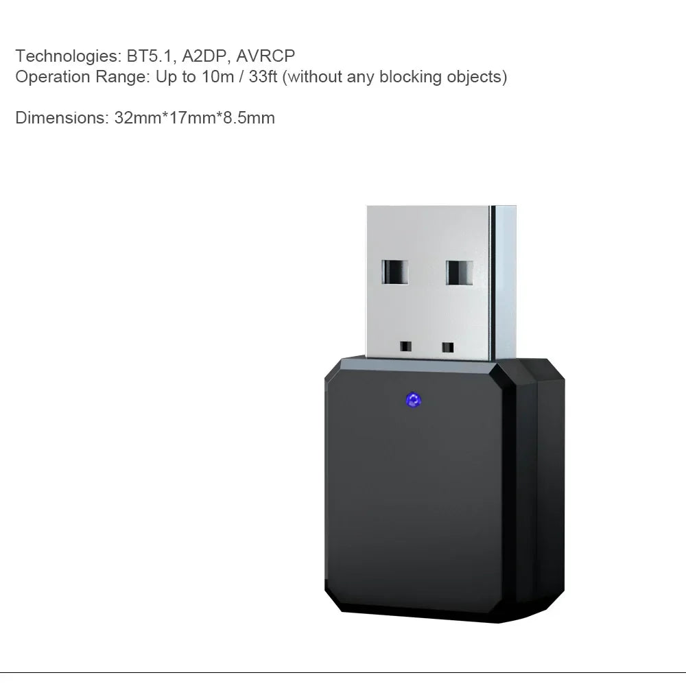 Black usb bluetooth 5.1 wireless audio adapter with silver connector and blue led for car radio mp3 and power audio receiver