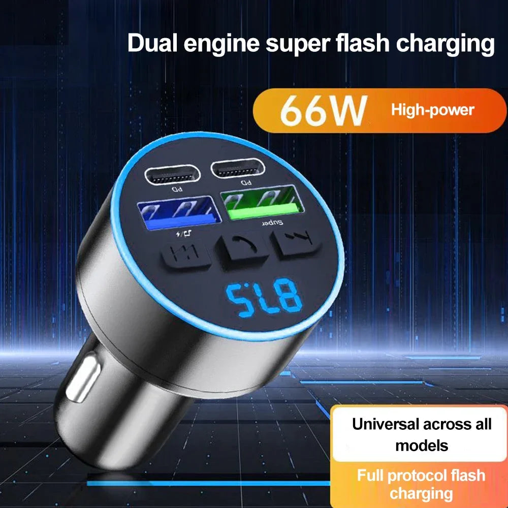 Silver transmitter handsfree car aux radio modulator with 66w usb fast charge dual usb-c and usb-a ports and blue led volt display