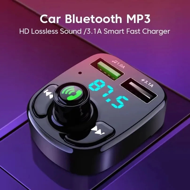 Black mp3 car bluetooth device with digital time display and dual usb car kit charger ports for fast charging