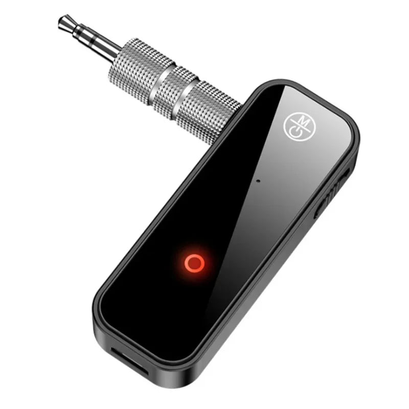 Black Bluetooth 5.0 transmitter receiver with silver 3.5mm jack and red power indicator for music aux handsfree use