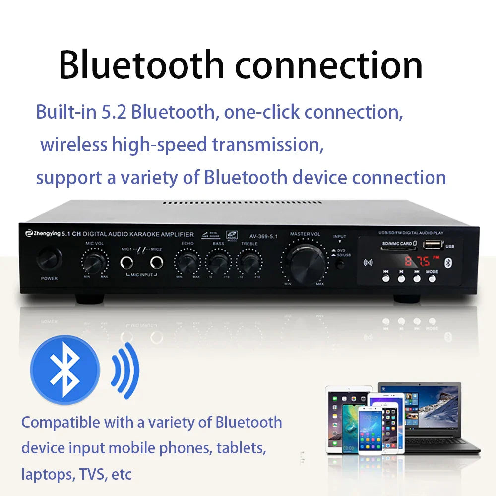 Black rectangular stereo audio amplifier receiver with multiple knobs and display for 6 channel home theater system