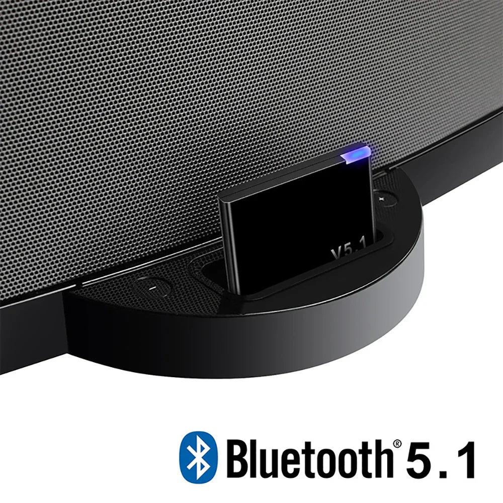 Black rectangular bluetooth 5.1 wireless receiver adapter with glowing blue light for 30-pin dock bose music system