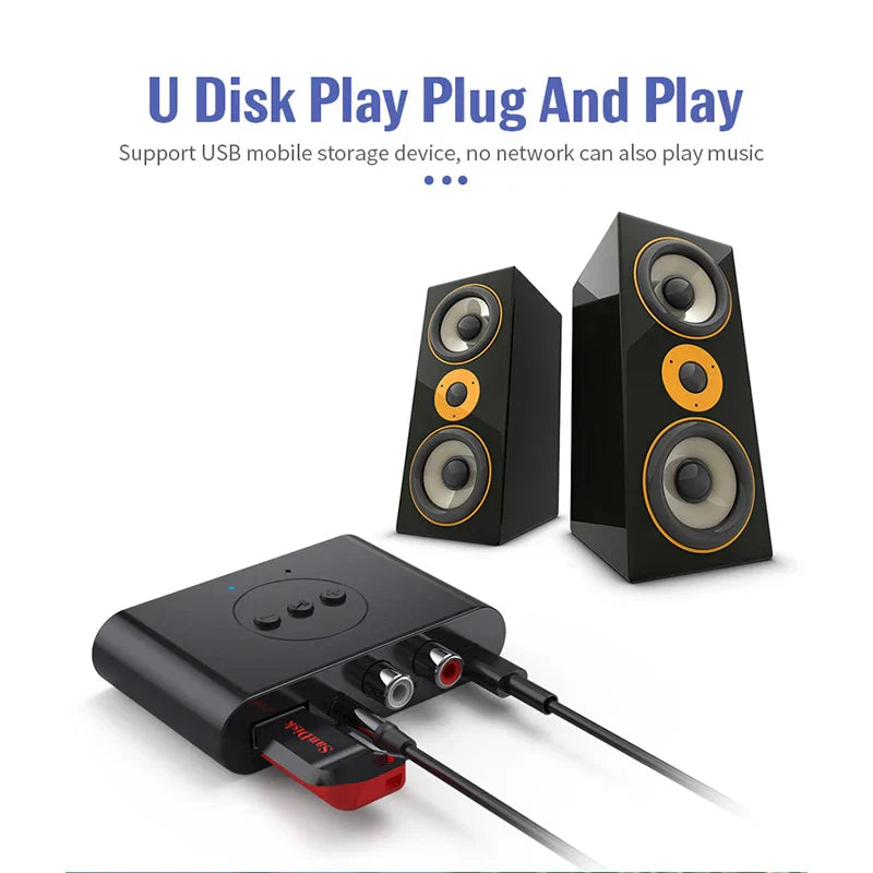 Black bluetooth 5.2 audio receiver with red sandisk usb connected to black kit speaker amplifier with orange accents