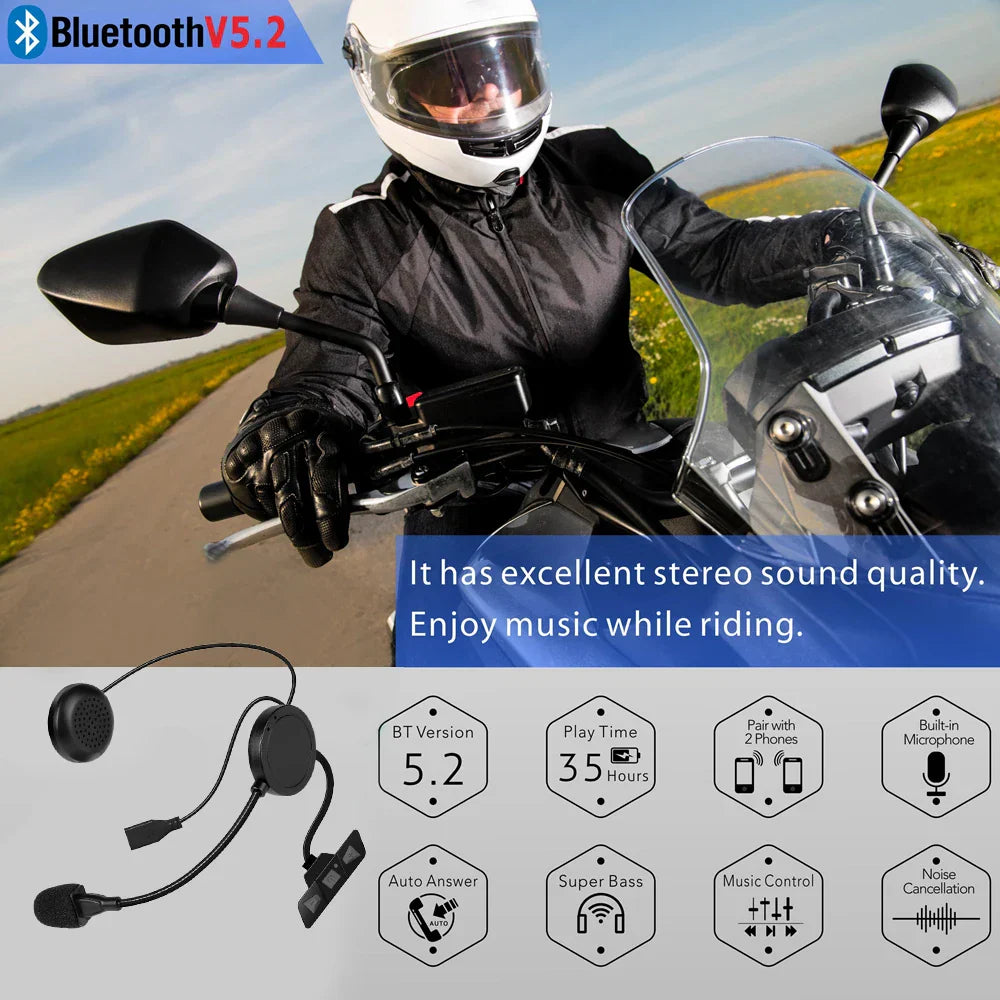 Black bluetooth 5.2 motorcycle helmet headset with built-in mic noise cancellation for wireless handsfree stereo music riders