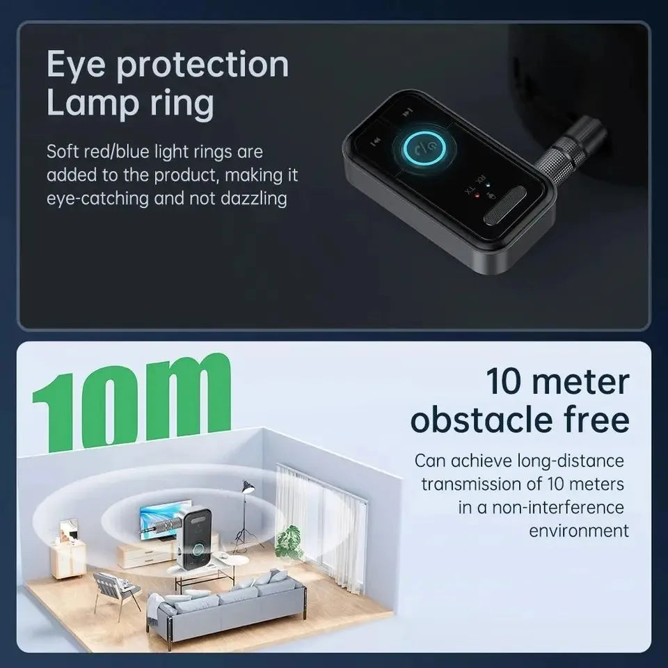 Black and silver bluetooth 5.3 adapter transmitter receiver with soft red blue light rings for car music headphone use