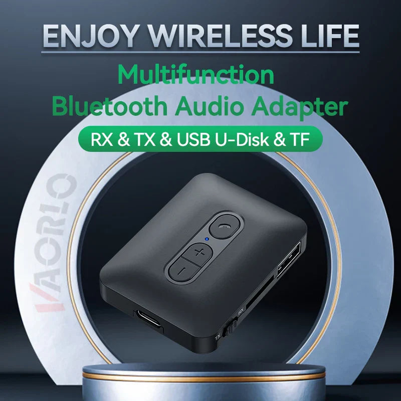 Black rectangular multifunction music wireless adapter with usb and tf card slots for audio receiver transmitter use