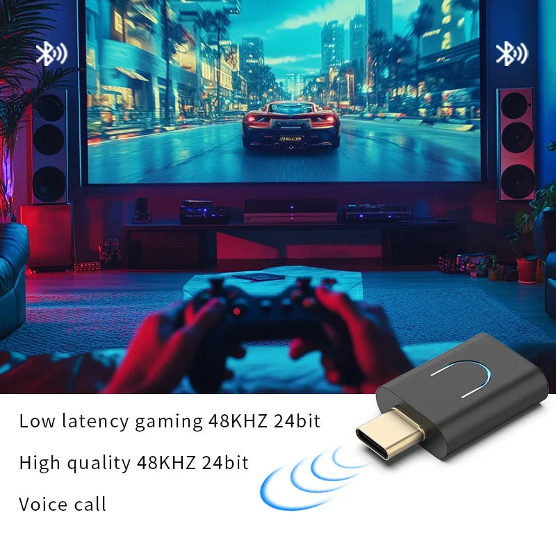 Black usb-c bluetooth 5.4 audio transmitter aptx-adaptive with silver accent for mac ps4 wireless stereo music adapter