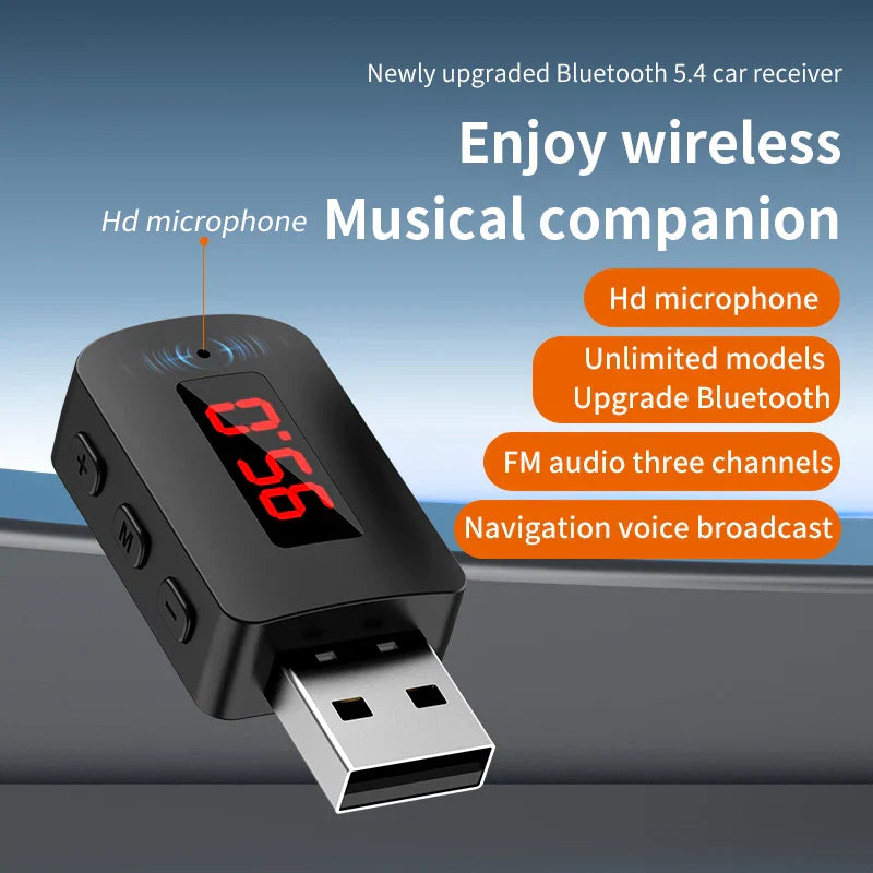Black plastic bluetooth 5.4 transmitter receiver handsfree car kit with red digital display and usb power auto wireless adapter