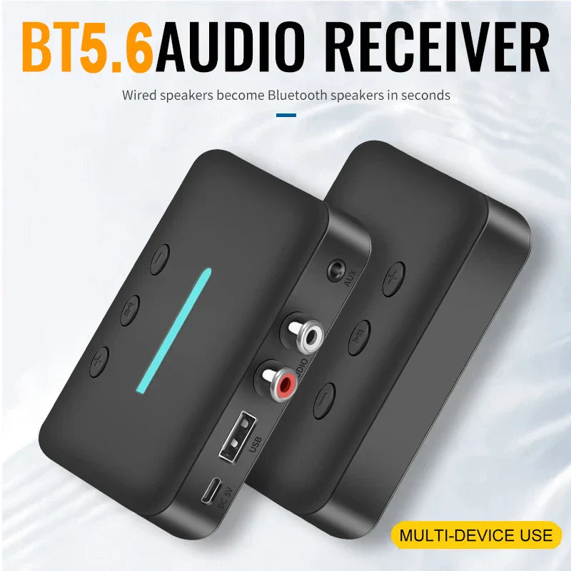 Black Bluetooth 5.6 wireless audio adapter with teal LED strip and multiple ports for car kit speaker amplifier use